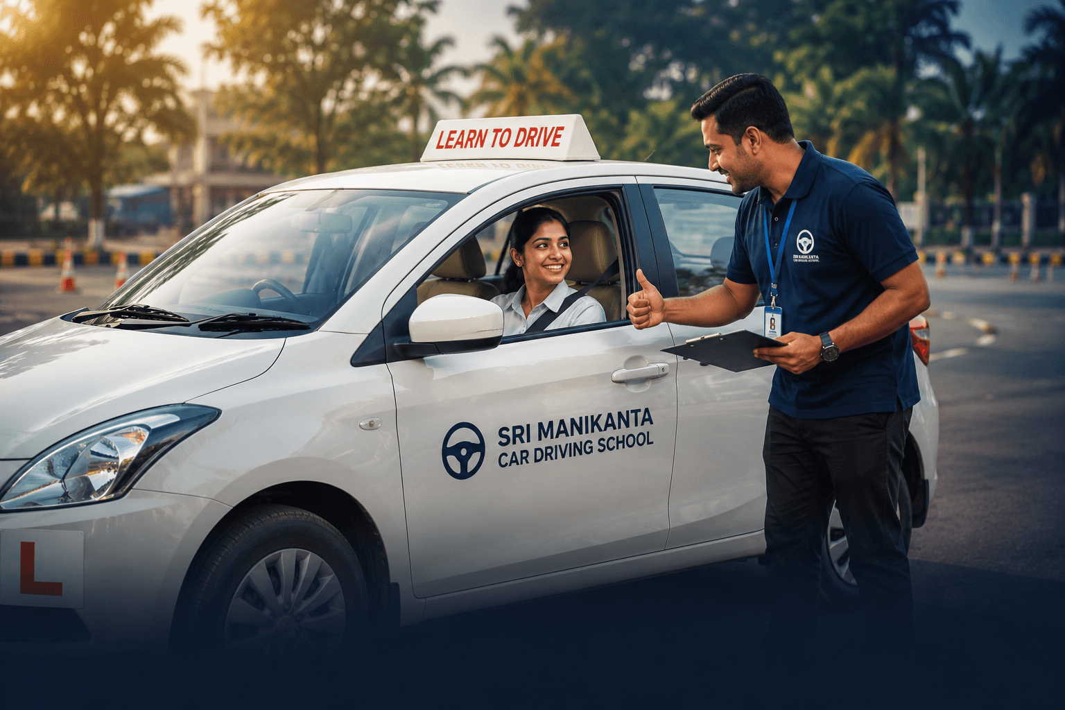 Sri Manikanta Driving School student training in a car with instructor support